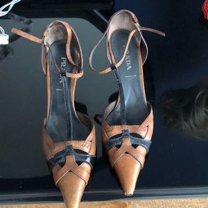 Prada heels, brown and black patent, size 8.